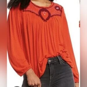 FREE PEOPLE Begonia Boho Burnt Orange Peasant Top Size Small